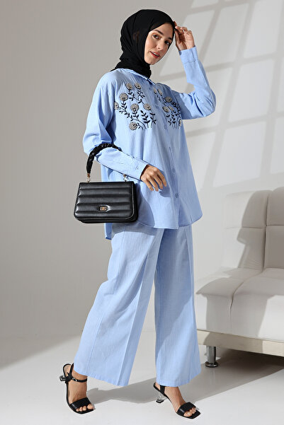 Mihran Butik 100% Cotton Linen - Comfortable Casual Set, Flower Patterned Embroidery and Stone Detailed Shirt and Trousers
