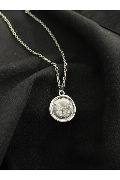 sleyshop gümüş renk yuvarlak kelebek kolye