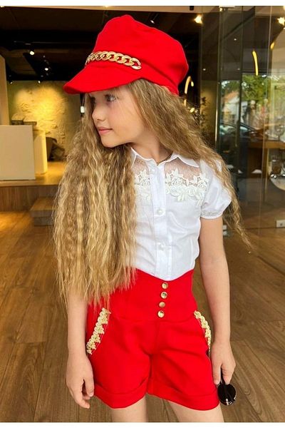 Calisa بدلة للفتيات مكونة من قميص أبيض وشورت أحمر وقبعات للعيد