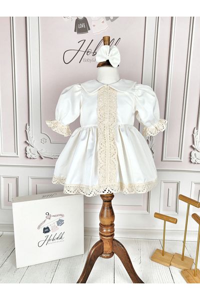Hobidik Rochie cu două rânduri, guler pentru bebeluși din dantelă crem