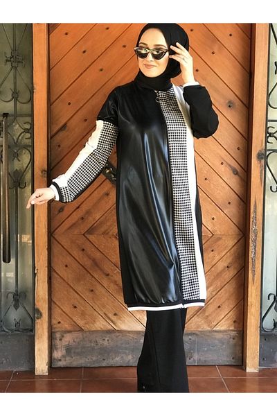 AYSUN AYDEMİR Black and White Leather Detailed Zipper Closure 2-Piece Tracksuit Set