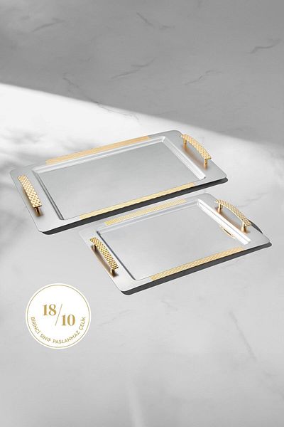Nehir 2-Pack Stainless Steel Tray for Tea Coffee Serving - Glazed Gold