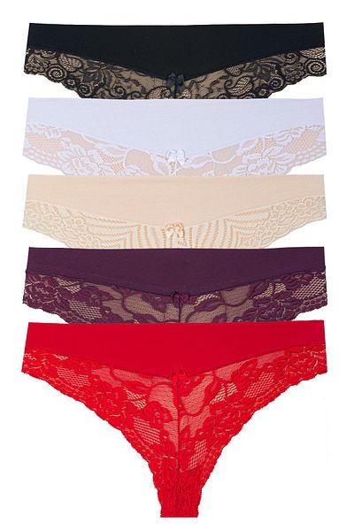 Miss Blue Moon Waist Fabric Belted Lace Brazilian Panties 5 Pcs 3130