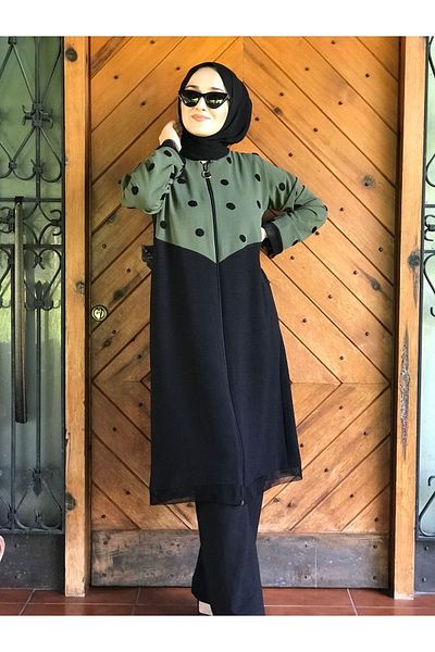 AYSUN AYDEMİR Green Black Polka Dot Detailed Zippered Tracksuit Set