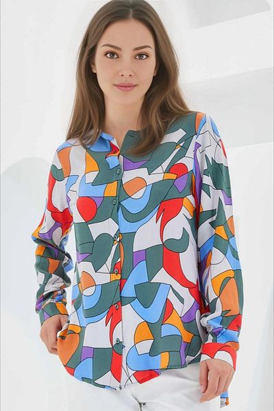 hazelin Χακί Γκρι Μπλε Κόκκινο Γεωμετρικό Σχέδιο Oversize Γυναικείο πουκάμισο βισκόζης - Μακρυμάνικο HZL24S-BD 1202251