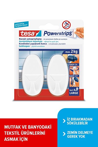Tesa Powerstrips Askı Büyük Oval Kendinden Yapışkanlı, Çıkarılabilir, beyaz