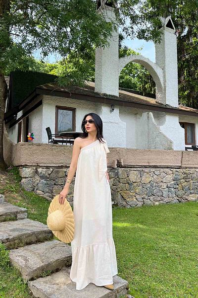 Seda Yalçın Atelier One Shoulder Beige Dress - With Tie Detail