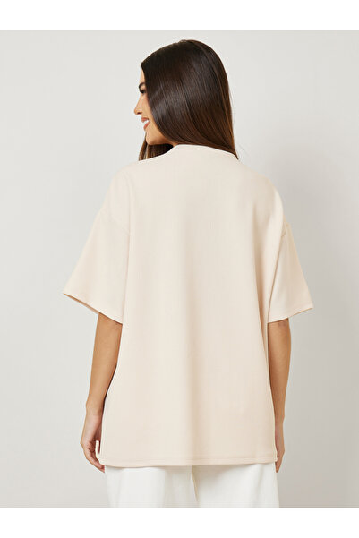 Styli Oversized Textured Contrast Slogan Print Drop Shoulder T-Shirt