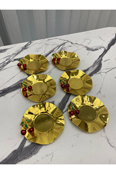 Aslı Hediyelik Luxury Gold Wave - 6-Piece Stainless Metal Tea Plate with Cherry Detail