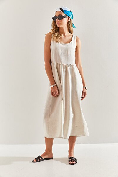 Bianco Lucci Kadın Kalın Askılı Rahat Kalıp Keten Eteği Kloş Elbise 60171011