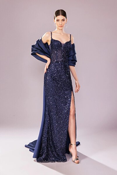 Kenzel Askılı Yırtmaçlı Payetli Uzun Elbise