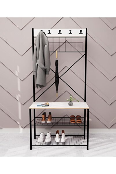 eportatif Geniş Metal Portmanto, Elbise Askılığı, Vestiyer, Ayakkabılık Beyaz...