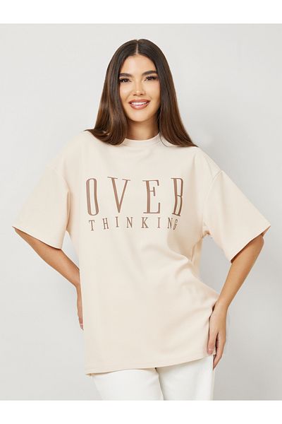 Styli Oversized Textured Contrast Slogan Print Drop Shoulder T-Shirt