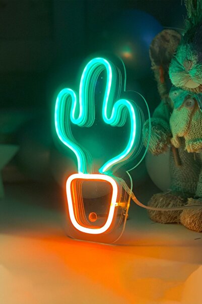 vinyuup Çocuk Odası Için Masaüstü Küçük Kaktüs V2 Şeklinde Neon Led Işıklı Tablo 11 X 20 Cm