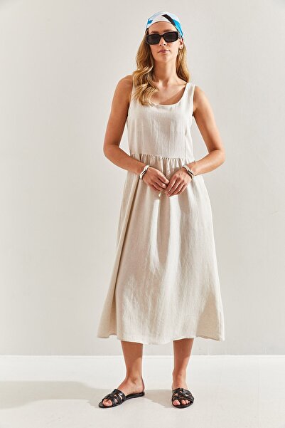 Bianco Lucci Kadın Kalın Askılı Rahat Kalıp Keten Eteği Kloş Elbise 60171011