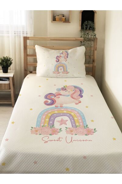 Evmila Unicorn Desenli Bebek Ve Çocuk Baskılı Tek Kişilik Pike Takımı 160x220 Cm
