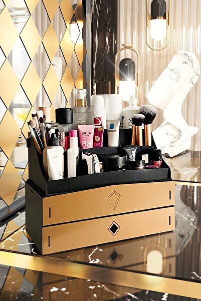Design OTTO Bella Large 2 Katlı 2 Çekmeceli Ahşap Makyaj Takı Banyo Kozmetik ...