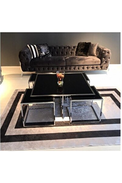 Onurdesign Kante Metal Crom Kaplama Siyah Cam Orta Sehpa 4+1