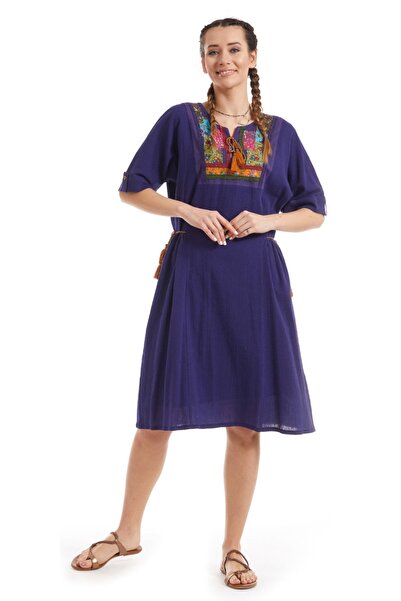 Newbutix Şile Bezi Mor Kısa Kol Otantik Yamalı Elbise