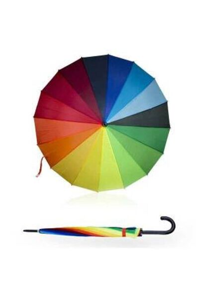 İRHANLAR 16 Telli Fiber Gökkuşağı Renkli Şemsiye Baston Görünümlü Cadde Sokak...