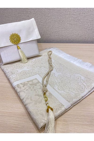 AYHANHOME 3-Piece Gift Dowry Prayer Beads Prayer Rug Set - With Slub Bag