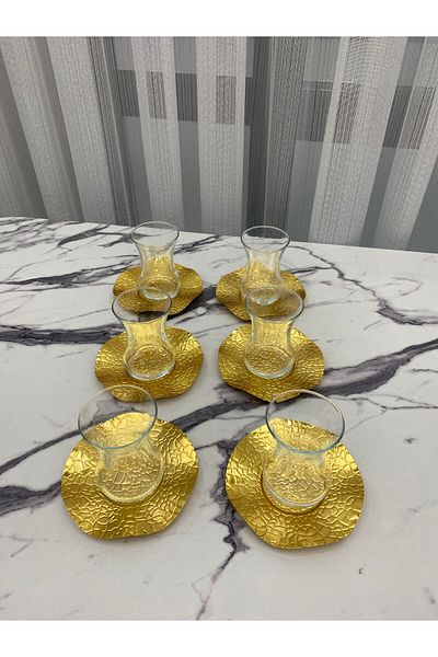 Aslı Hediyelik طبق شاي مموج فاخر منقوش، طبق شاي وقهوة، سلسلة ذهبية اللون