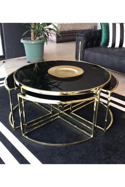Onurdesign Sosa Metal Gold Kaplama Siyah Camlı Yuvarlak Orta Sehpa 4+1