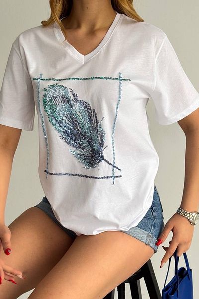 FEMELLE Λευκό T-Shirt με λαιμόκοψη V με παγιέτες - 100% βαμβάκι