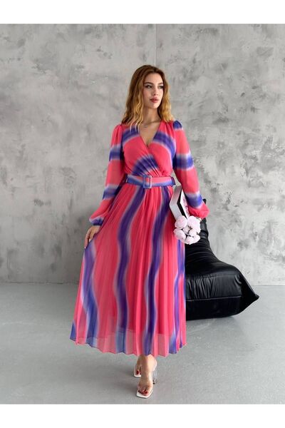 Neşeli Butik kadın kemerli kruvaze yaka piliseli şifon elbise NBK2113-1