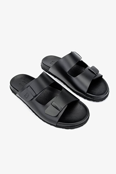 Valmenti Men's Black Genuine Leather Milena Flat Slippers