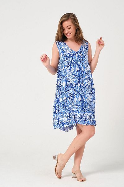 Eceyaman moda WOMEN'S WHITE BLUE CORAL PATTERNED LARGE SIZE DRESS