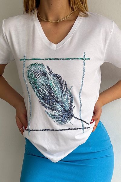 FEMELLE Λευκό T-Shirt με λαιμόκοψη V με παγιέτες - 100% βαμβάκι