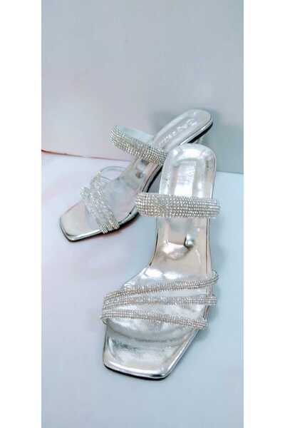 VİZYON Transparent Heeled Women's Slippers with Diamond Stripe - Wedding Engagement Kina Evening Dress Bridal Slippers