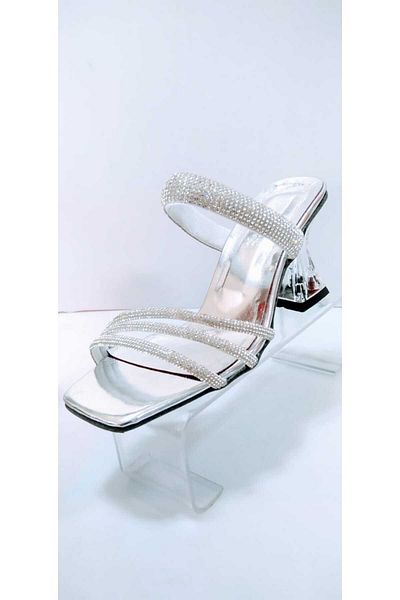 VİZYON Transparent Heeled Women's Slippers with Diamond Stripe - Wedding Engagement Kina Evening Dress Bridal Slippers