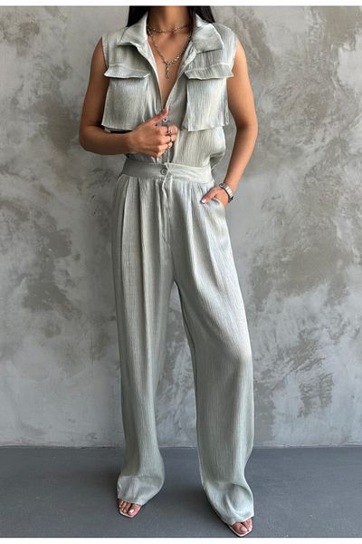 ZoeFlower Glittery Modal Fabric Vest and Trousers Set - Hijab with Pockets and Zipper