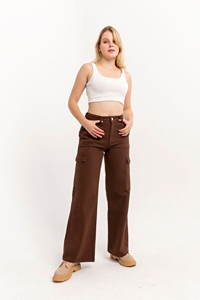 Darkly Jeans Kadın Kahve Rengi Yüksek Bel Kargo Wide Leg Jean