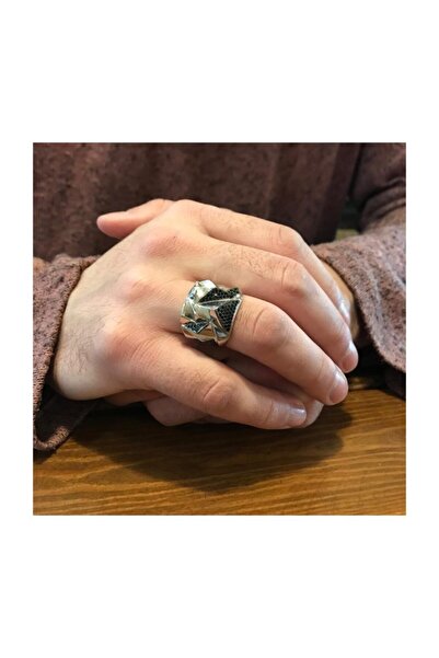 In Love Siyah taşlı özel tasarım gümüş erkek yüzüğü