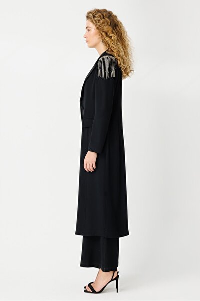 Esswaap İçi Tulumlu Uzun Ceketli Omzu Taş Detaylı Takım  Siyah