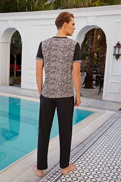 Doreanse Ανδρικό κολεγιακό γιακά με εμπριμέ μαύρο βαμβακερό κοντομάνικο σετ πιτζάμες 4821