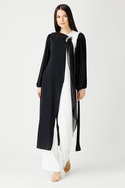 Esswaap Pleated Sleeves and Shawl Detailed Front Slit Trousers Set - Ecru