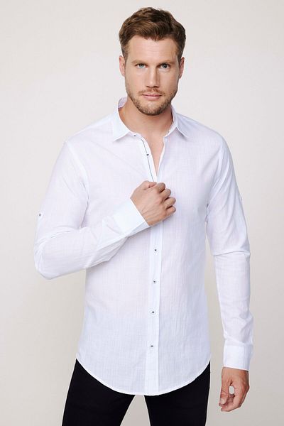 Tudors Λευκό Slim Fit Epaulettes πουκάμισο - Μακρυμάνικο, 100% βαμβακερό λινό, επωμίδες