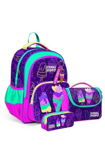 Coral High 23655 Model Violet Roz Set de rucsac de școală cu două compartimente cu model de înghețată