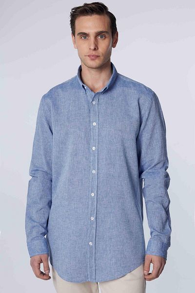 Tudors Linen Premium Series - Cămașă sport albastră pentru bărbați, slim fit, mânecă lungă, guler cu nasturi