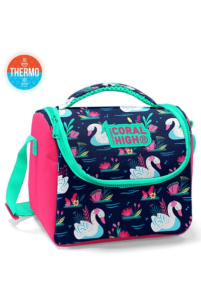 Coral High Kids Neon Coral Navy Blue Swan Patterned Thermo Lunchbox 11819