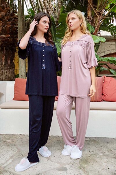 Bone Club 5627 Синій комплект піжами з мереживною коміркою з віскози