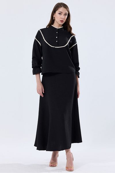 MD trend Linen Set - High Collar, Scallop Detailed Blouse and Flared Skirt