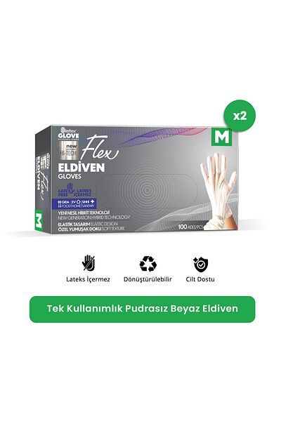 Reflex Flex Eldiven White Disposable Powder Free Gloves - Size M 2 x 100 pcs