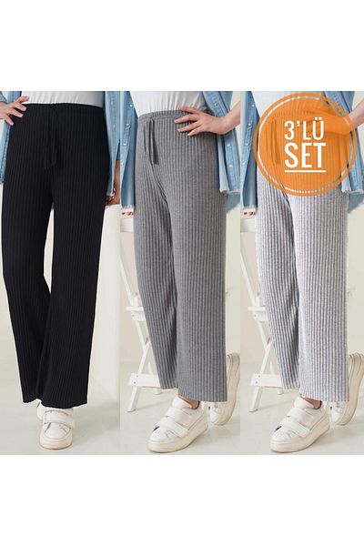 Karteks Set of 3 Women's Ribbed Comfortable Pants & Sweatpants, Casual Comfortable Home Wear Pajamas
