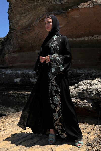 Nuum Design Brocade Garnished Abaya Black & Shawl