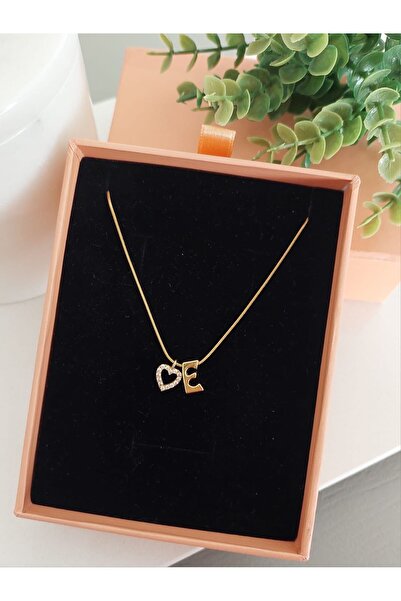 LUCKY ACCESSORIES Çelik Zirkon Taş Kalp Ve Harf Kolye E Harfi